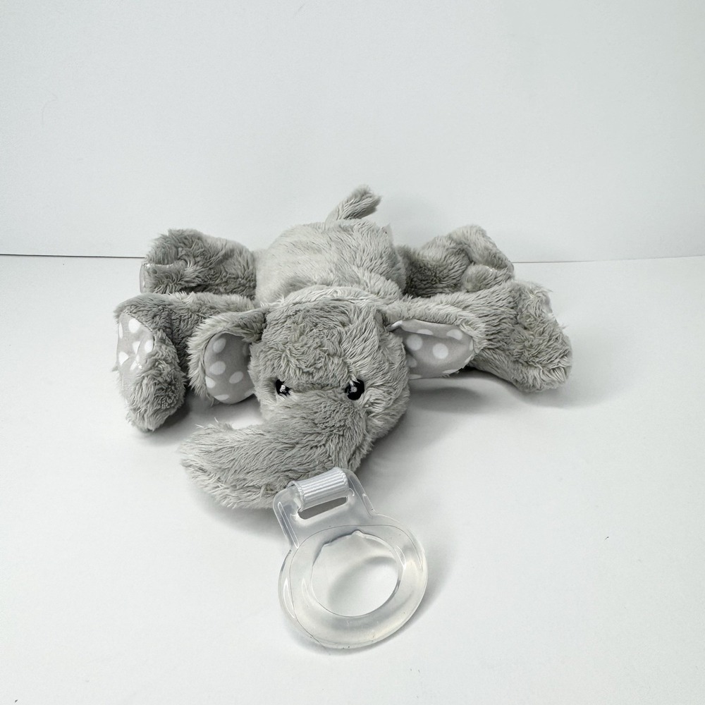 Nookums Gray Ella Elephant Plush Stuffed Animal Pacifier Holder White Polka Dot